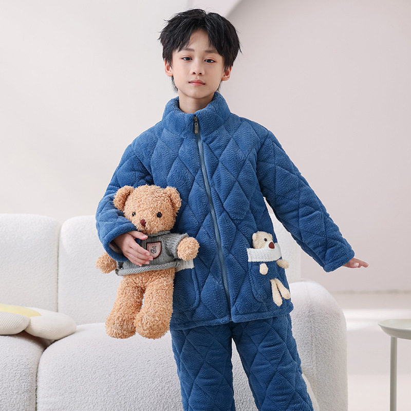 冬季儿童法兰绒睡衣女童三层夹棉男童加厚款珊瑚绒宝宝家居服套装