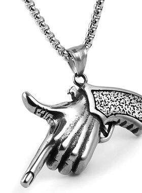 2025秋冬新款手枪吊坠钛钢项链潮人嘻哈个性双面搞怪手指枪毛衣链