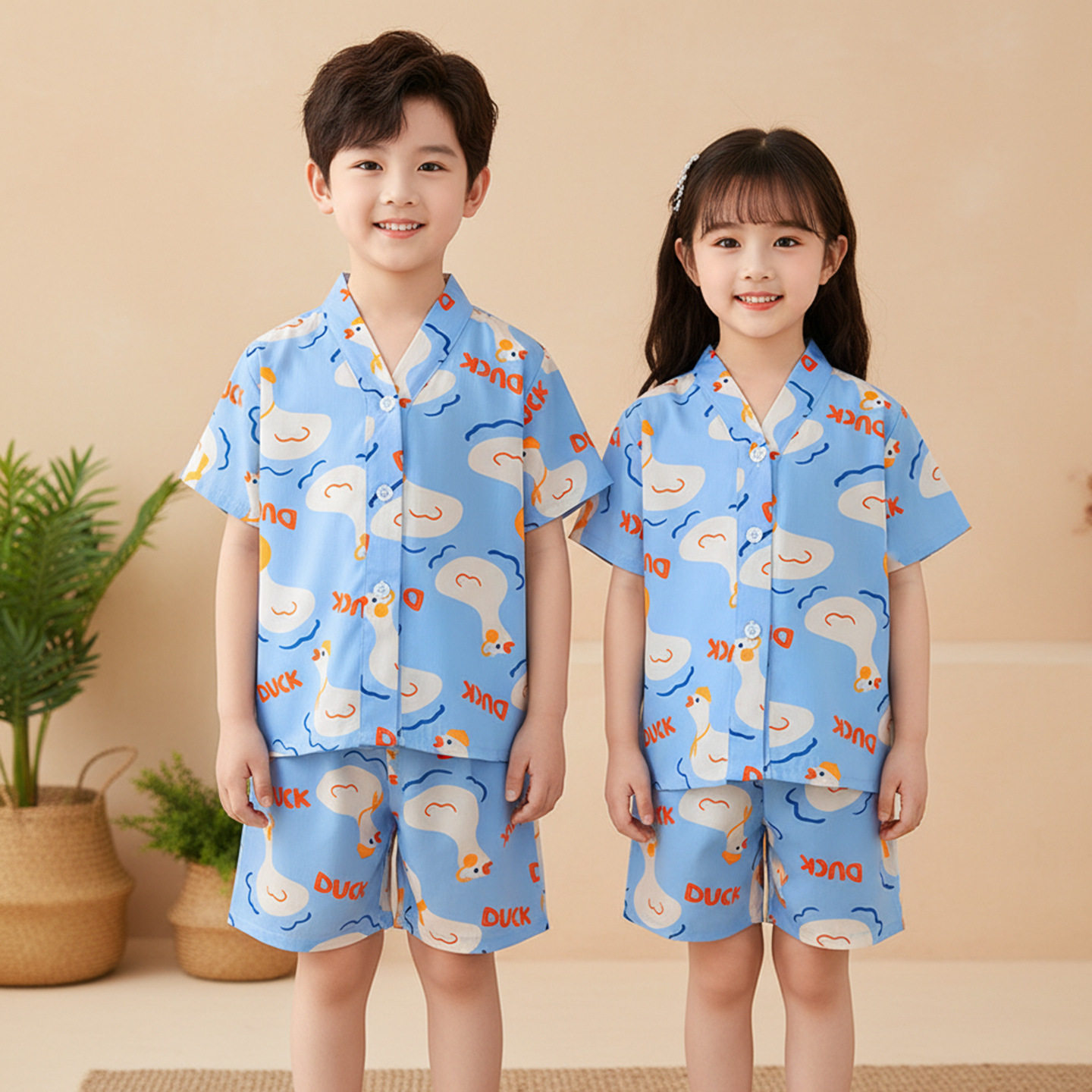 夏季儿童短袖短裤睡衣男孩棉绸女童宝宝人造棉空调家居服绵绸薄款