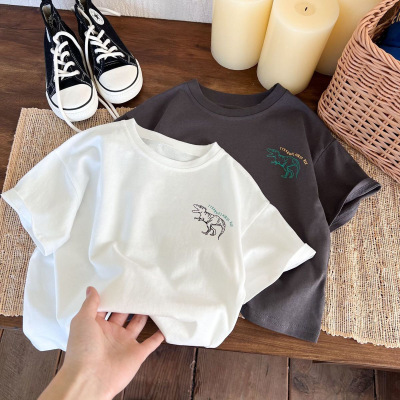 100%纯棉童装男童短袖T恤夏季新款恐龙卡通女童休闲印花打底上衣