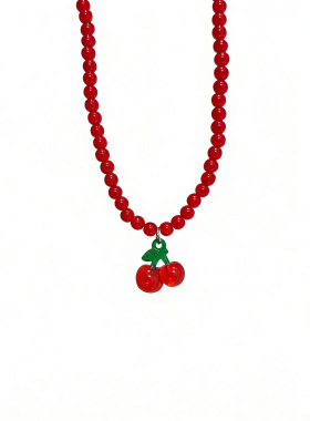 新年新款可爱红色樱桃串珠钛钢项链女轻奢小众水果手链甜美锁骨链
