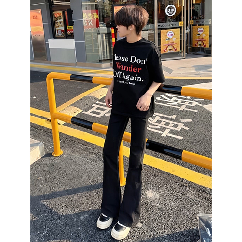 国潮高街休闲黑色百搭微喇牛仔裤男款高级感显瘦长裤ins弯刀裤子