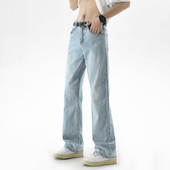 男款 美式 高街vibe裤 水洗浅蓝色微喇牛仔裤 子直筒垂感拖地休闲长裤