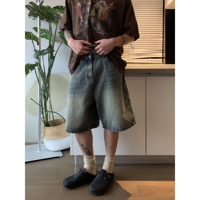 美式复古水洗宽松牛仔短裤男
