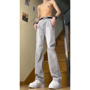烟灰水泥色皮带款牛仔裤男潮流青少年裤子高腰窄版直筒裤微喇裤子