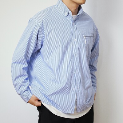 Takye尖领长袖衬衫浅蓝条纹