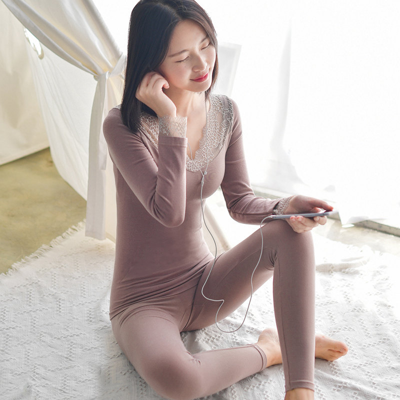 【清仓】莫代尔秋衣秋裤女蕾丝美体紧身无痕低领薄款保暖内衣套装