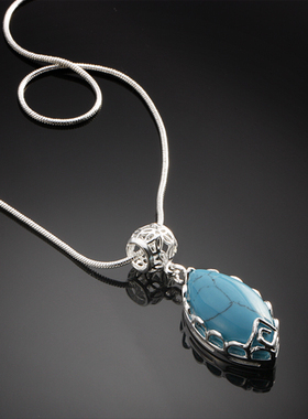 波西米亚风绿松石镀银复古毛衣链