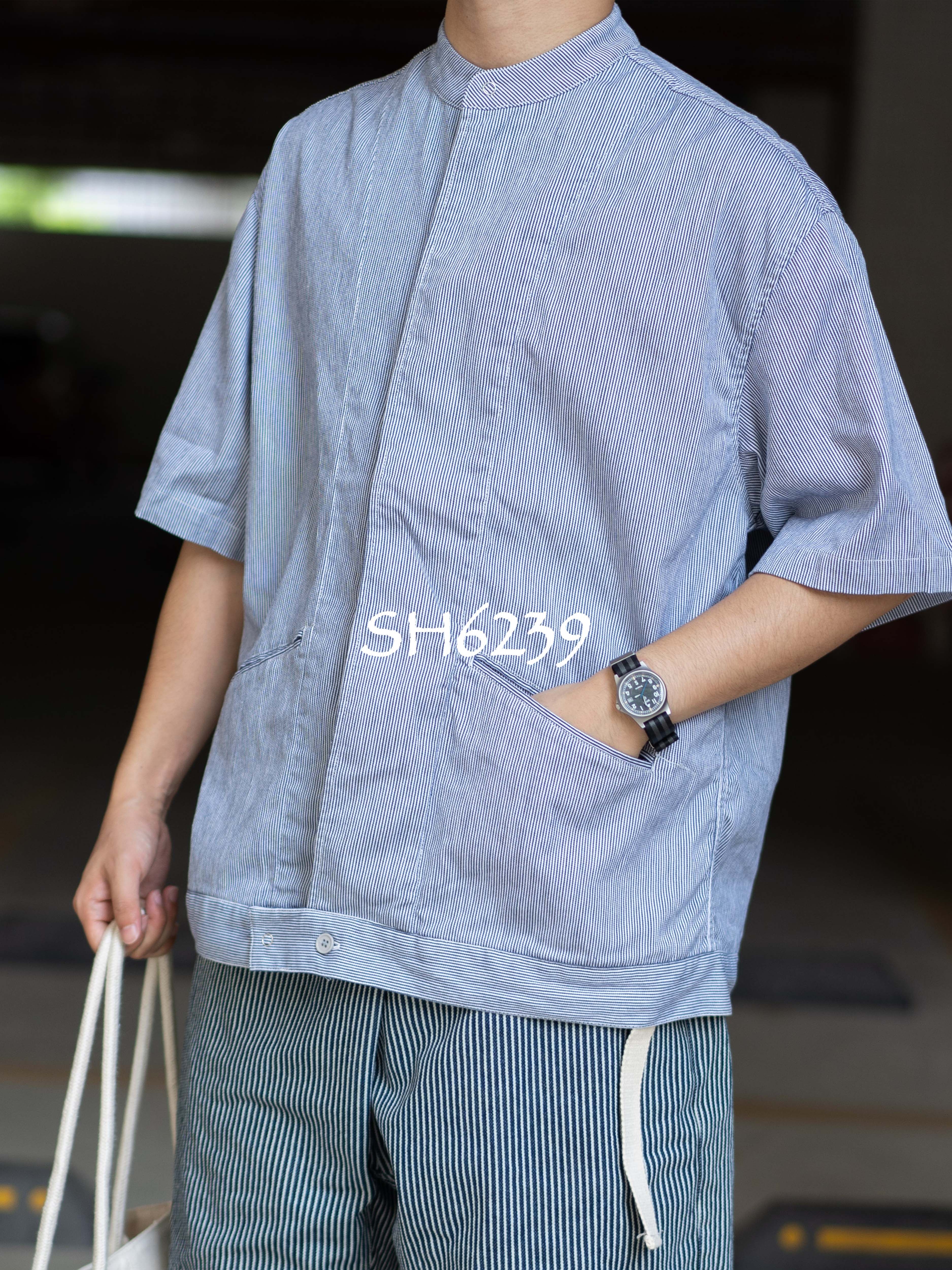 日单usw家 宽松休闲纯棉牛仔条纹立领插袋纽扣工装短袖衬衫男女夏