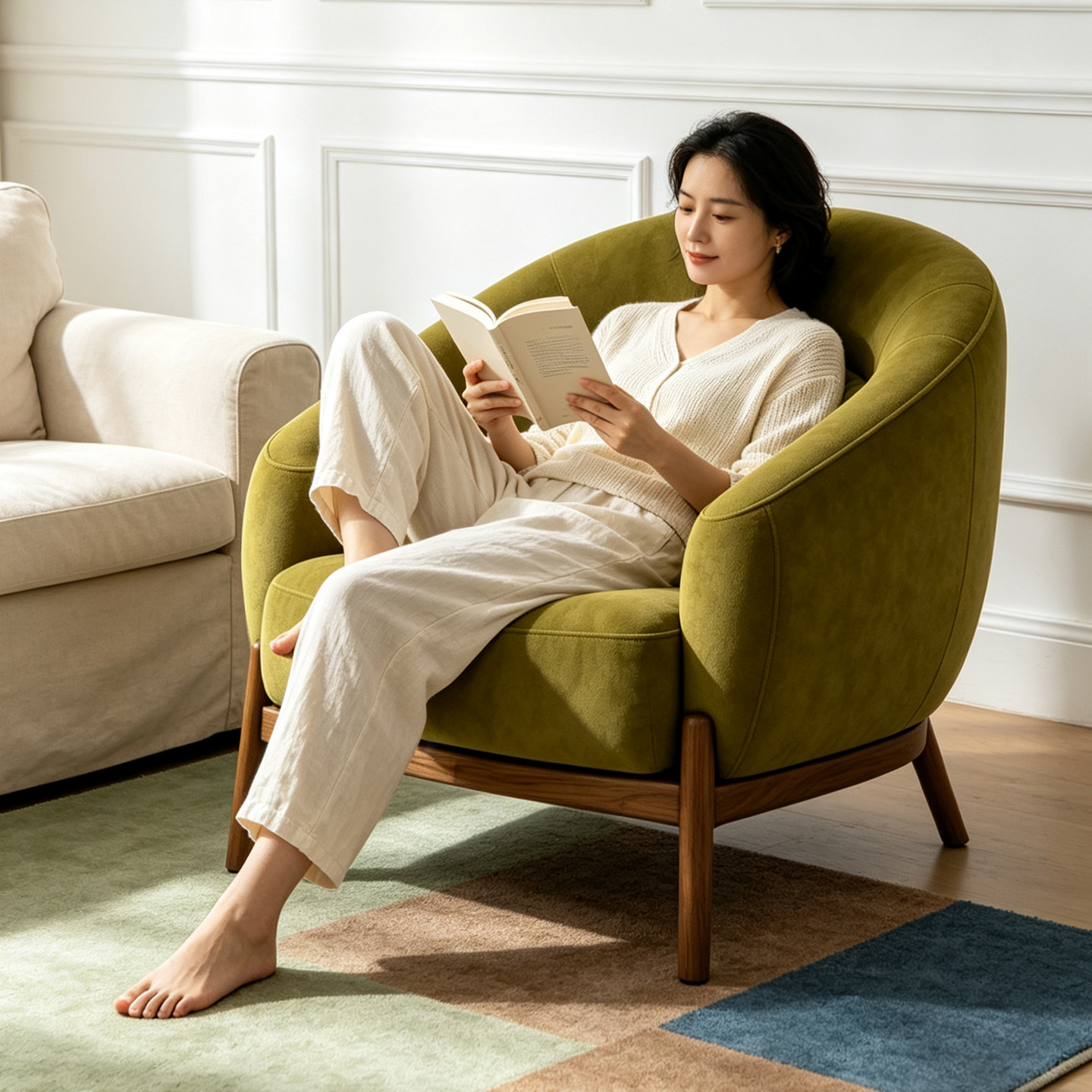 中古风白蜡木磨砂绒布艺小户型单人位复古实木阳台客厅休闲沙发椅