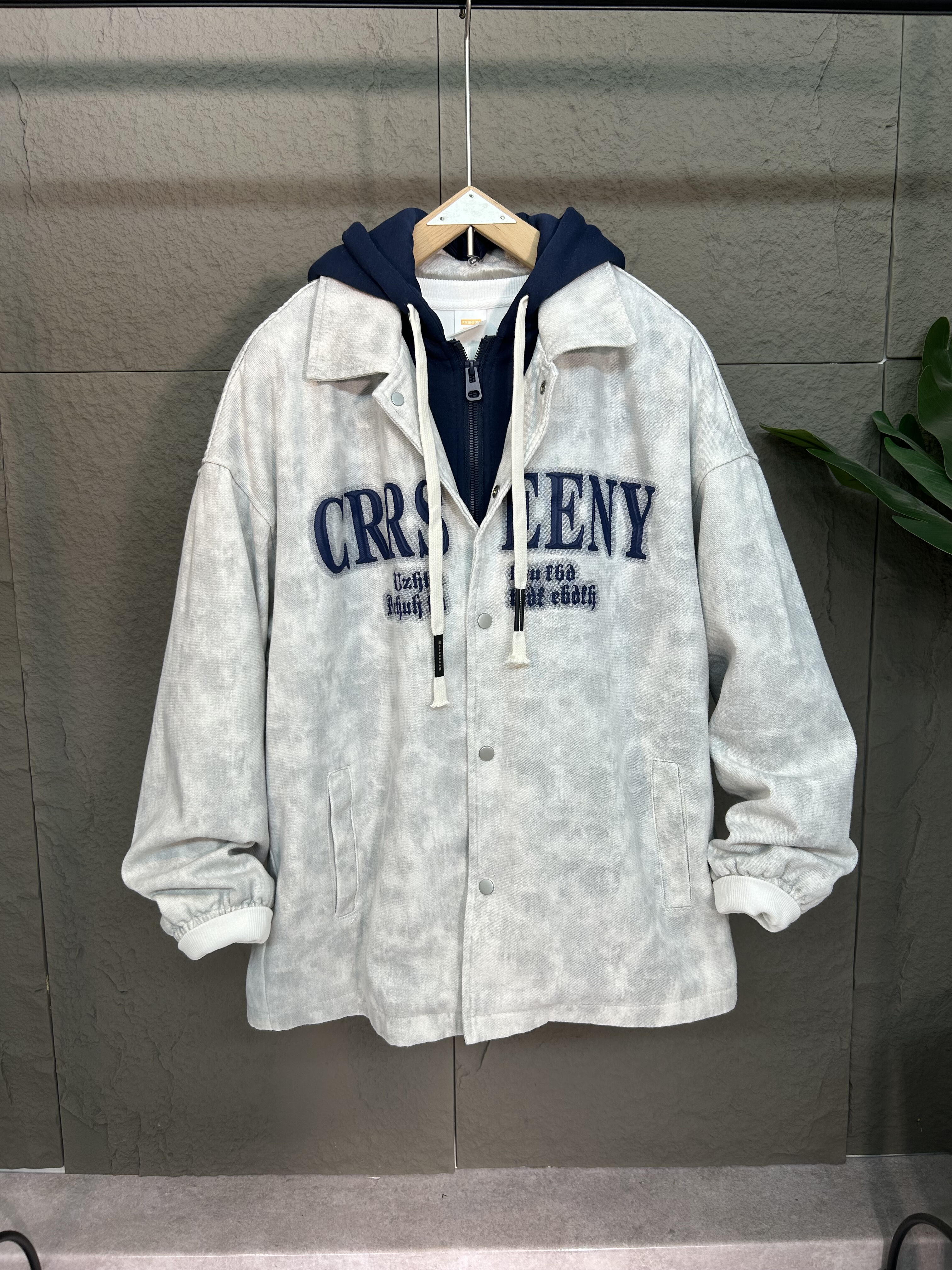 潮牌牛仔夹克加绒加厚秋冬可拆卸假两件扎染外套宽松阔版男女情侣