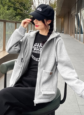 灰色连帽开衫外套女秋冬2025新款摇粒绒卫衣加绒加厚休闲外套潮