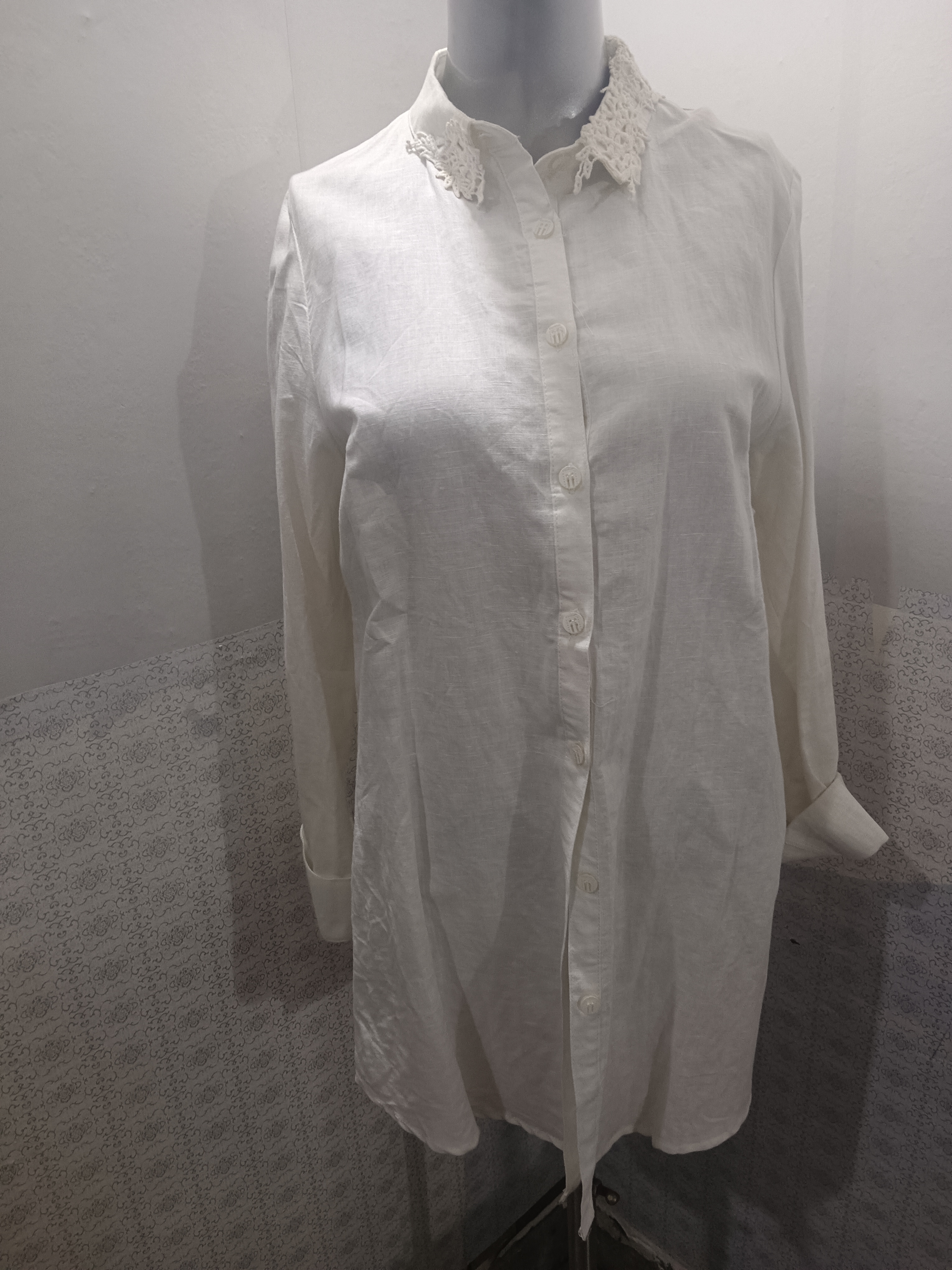 品牌折扣专柜下架加菲特满百搭宽松中长款棉麻蕾丝翻领衬衫女