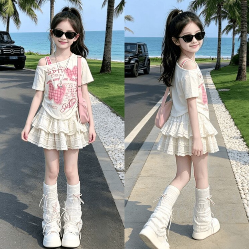 女童夏季甜美斜肩蛋糕裙两件套