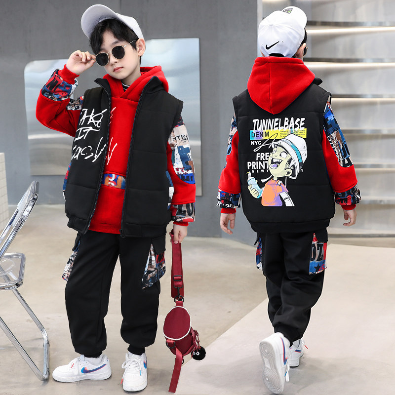 男童秋冬加绒套装儿童三件套2025新款中大童冬装加厚男孩衣服洋气
