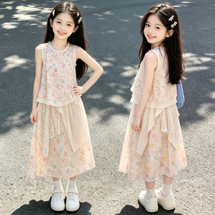 女童夏季碎花无袖套装裙子2026新款中大童甜美风半身裙洋气夏装潮