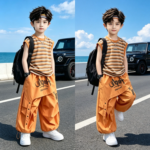 男童夏季多巴胺条纹背心两件套