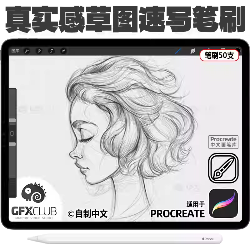 procreate速写草图笔刷50款 ipad手绘模拟素描铅笔炭笔ipad画笔库