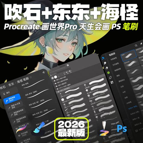 海怪吹石东东procreate笔刷 ps画世界pro天生会画 勾线人像二次元