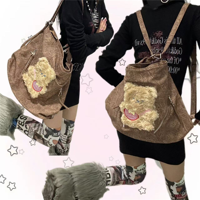 日光欲原创托特包褶皱毛绒小熊Y2K大容量通勤小众上课手提单肩包