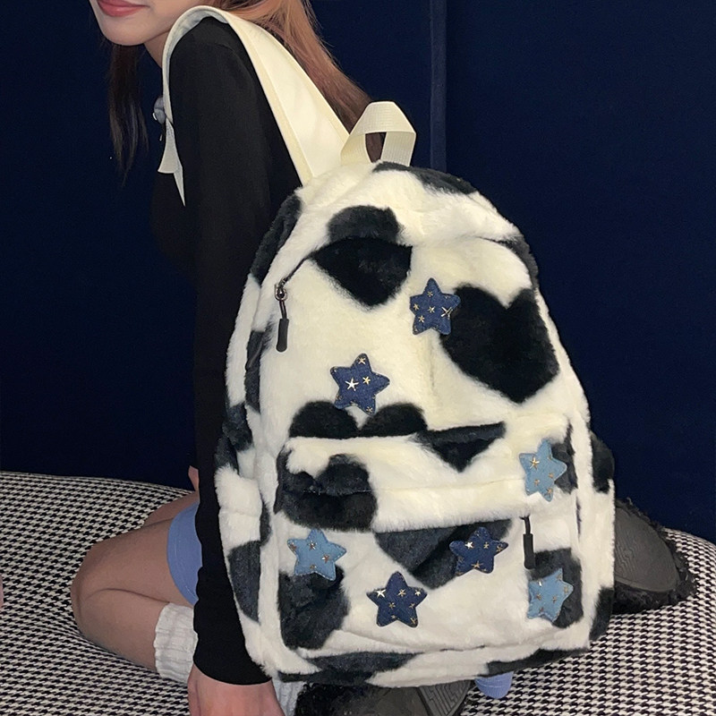 NIKKO WANTS ORIGINAL COW SCHOOLBAG MILK WHIRRING STARS CUTE HAIRY BACKPACK STUDENT NICHE HIGH-VALUE BACKPACK