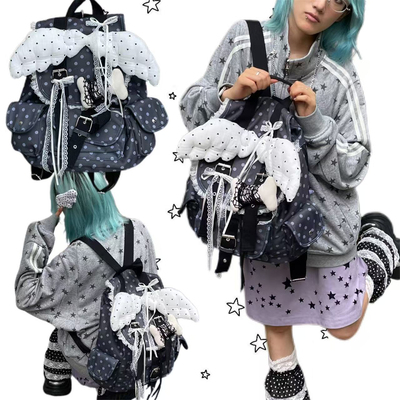 日光欲原创甜酷背包Y2K千禧小众波点双肩包翅膀蕾丝通勤暗黑背包