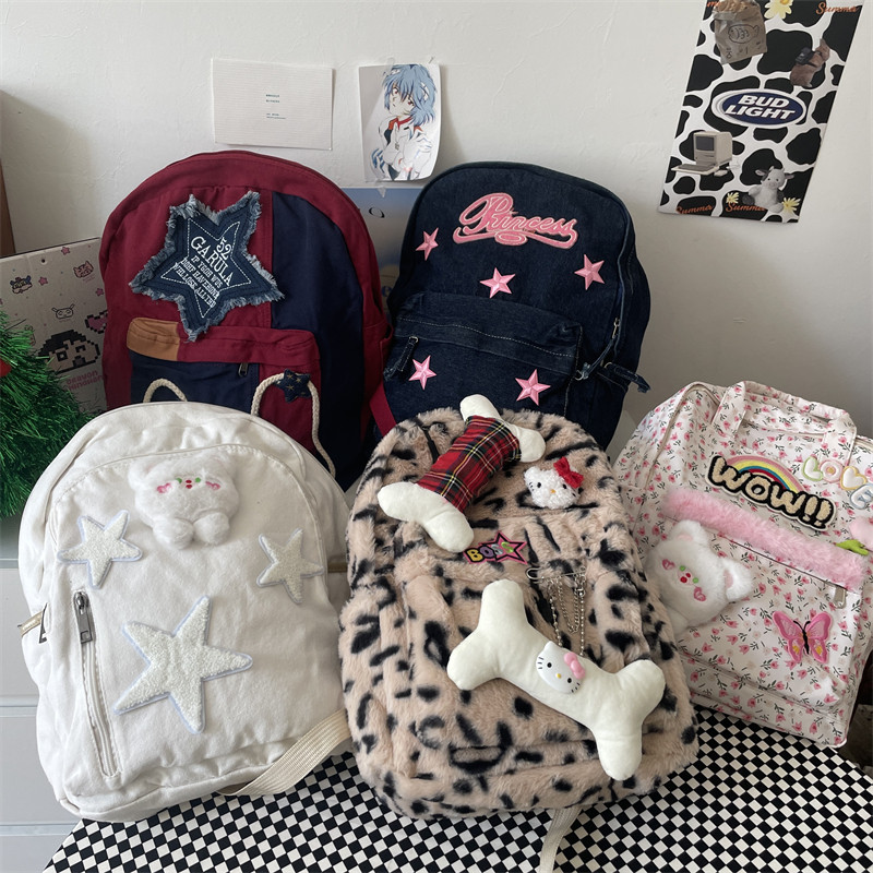 NIKKO WANTS TO ORIGINAL HANDMADE AUTUMN AND WINTER CASUAL VERSATILE BAG COLLECTION PLUSH CANVAS BACKPACK STUDENT SCHOOL BAG