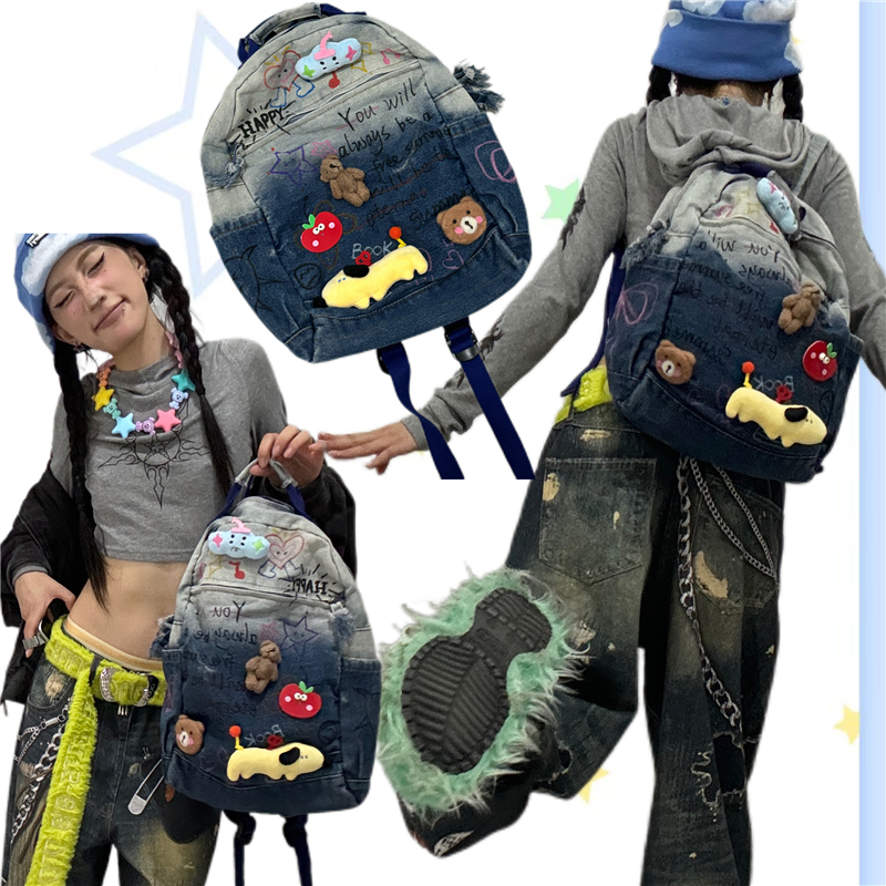 日光欲原创手绘双肩包小众童趣书包Y2K涂鸦通勤穿搭水洗牛仔背包