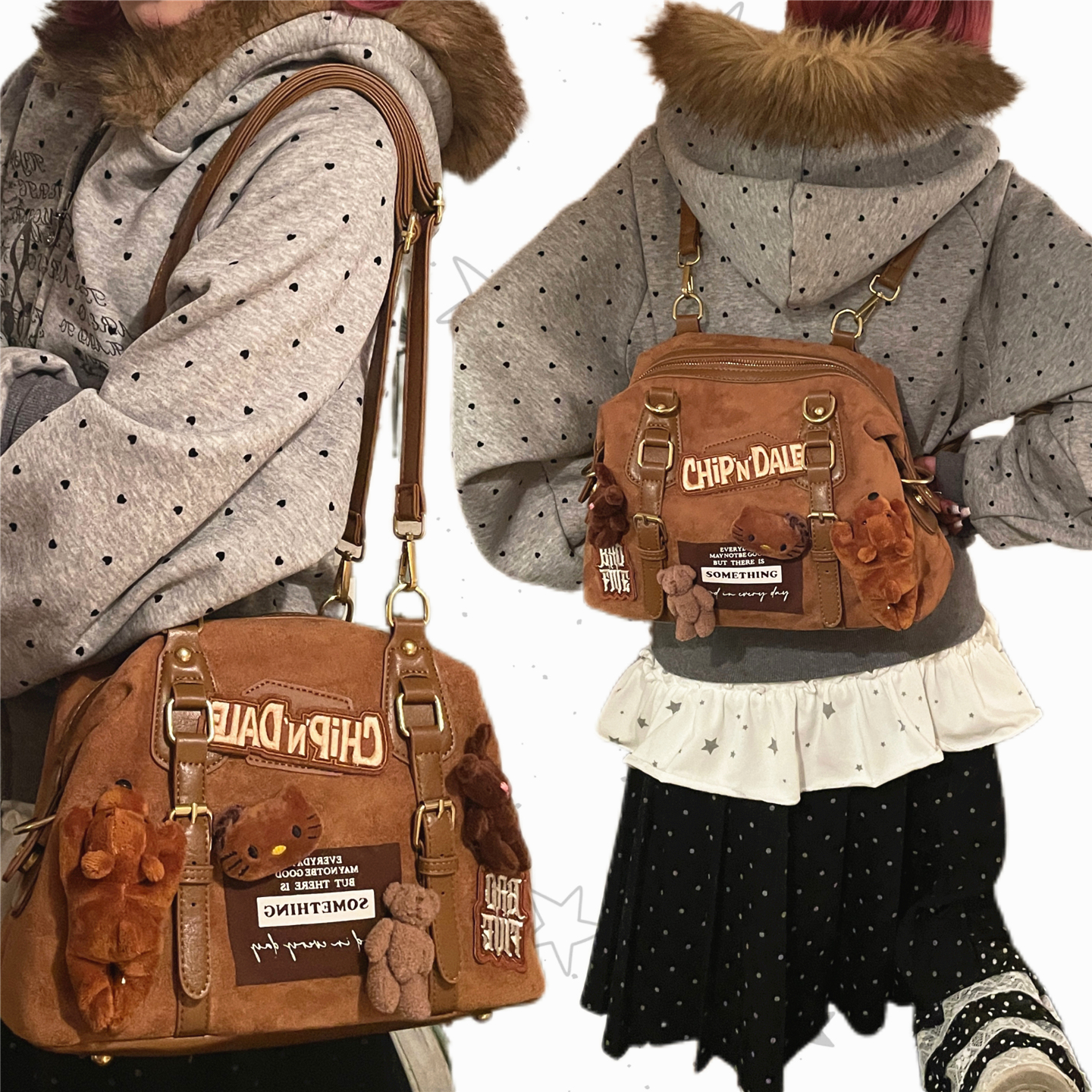 日光欲小熊绒面美拉德通勤双肩包