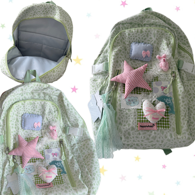 日光欲薄荷绿豹纹贴布双肩包Y2K甜妹少女书包粉星星小众学生背包