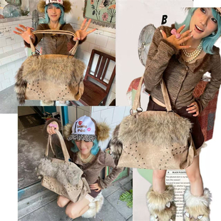 日光欲原创Y2K千禧小众美拉德毛绒托特包秋冬百搭通勤单肩毛毛包