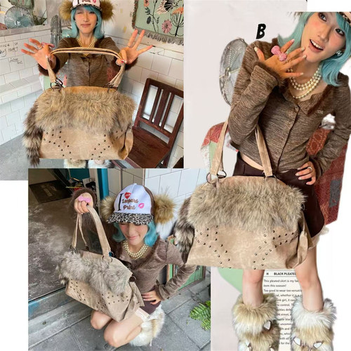 日光欲原创Y2K千禧小众美拉德毛绒托特包秋冬百搭通勤单肩毛毛包