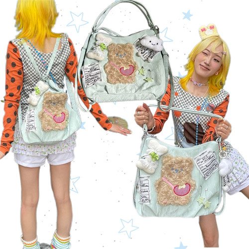 日光欲原创小熊书包新款千禧小众大容量y2k通勤单肩双肩登山背包