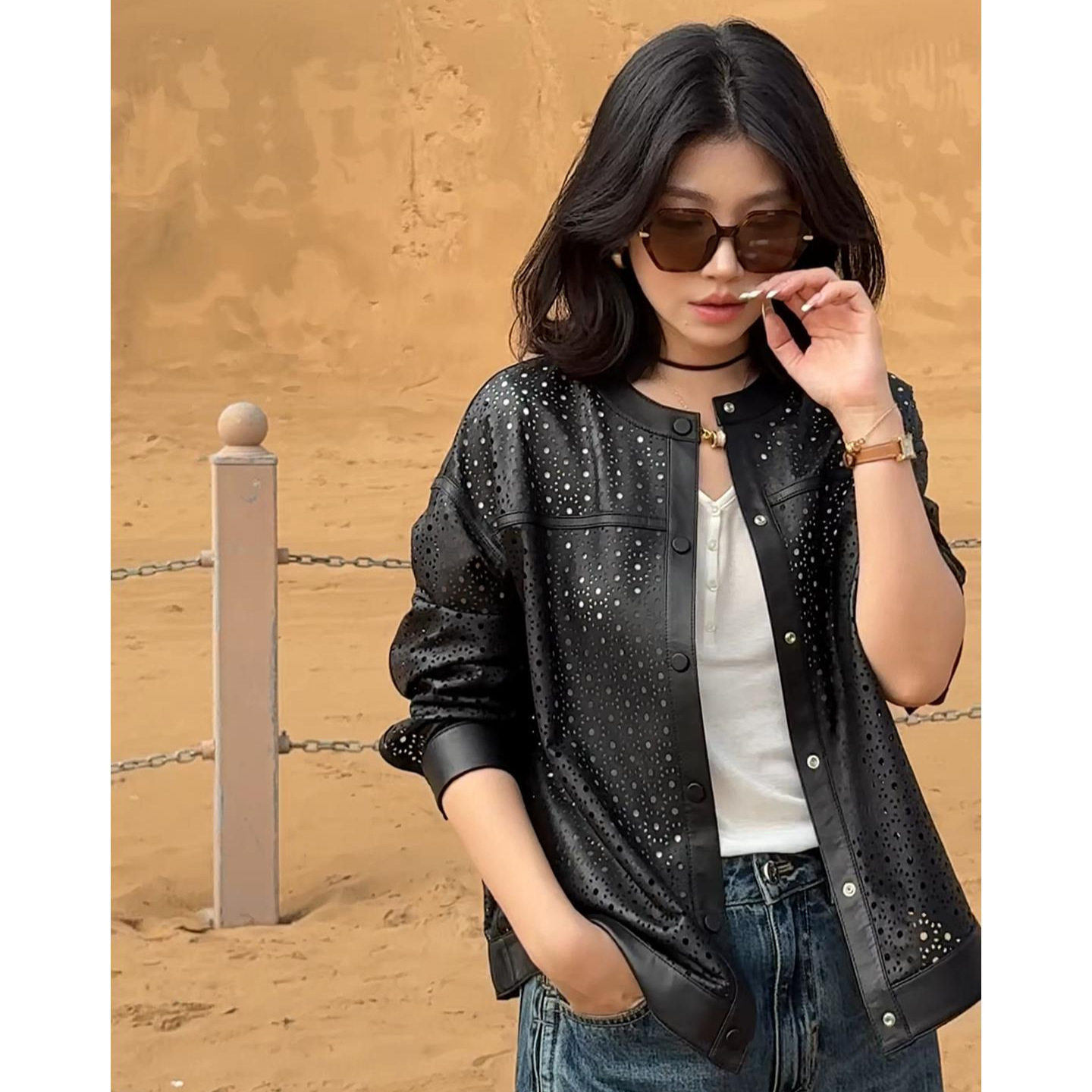 26新满天星皮衣进口羊皮镂空时尚百搭真皮皮衣休闲款韩版外套 女