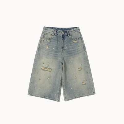 CANDYMADE夏季烫钻破坏做旧别针宽松直筒七分牛仔裤