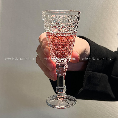 创意浮雕高脚杯鸡尾酒杯复古气泡玻璃酒杯女生高颜值品鉴葡萄酒杯