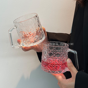 刻花带把玻璃杯家用创意高颜值女生透明喝水饮料冰咖啡杯马克杯子