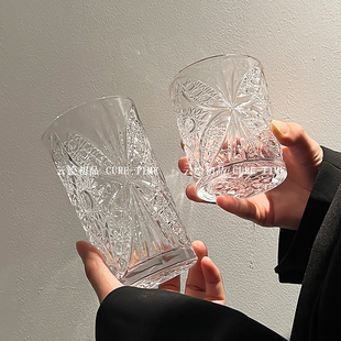 ins浮雕蝴蝶刻花玻璃杯小众咖啡杯果汁喝水冷饮牛奶茶杯水杯