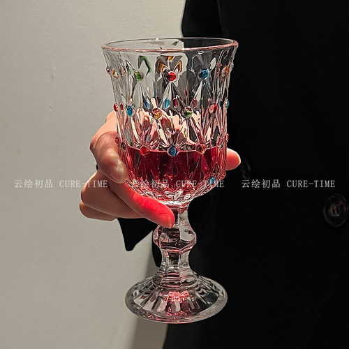 法式复古彩色珠点高脚葡萄酒杯