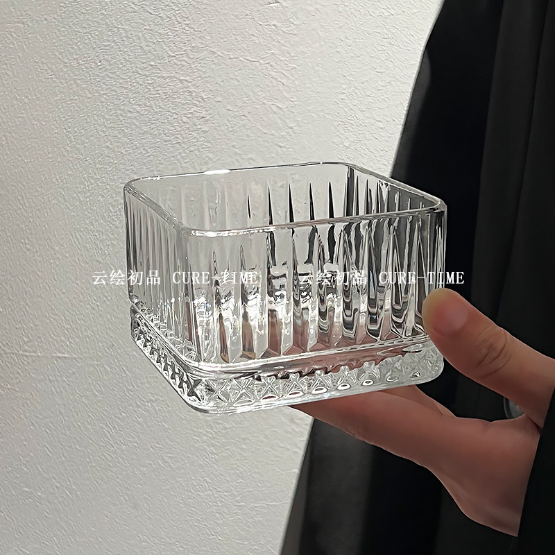 ins复古条纹冰淇淋碗四方方形玻璃碗甜品水果麦片早餐碗小沙拉碗