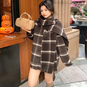 Tania S家冬季新款韩版羊毛呢子外套围巾百搭休闲中长款淑女大衣