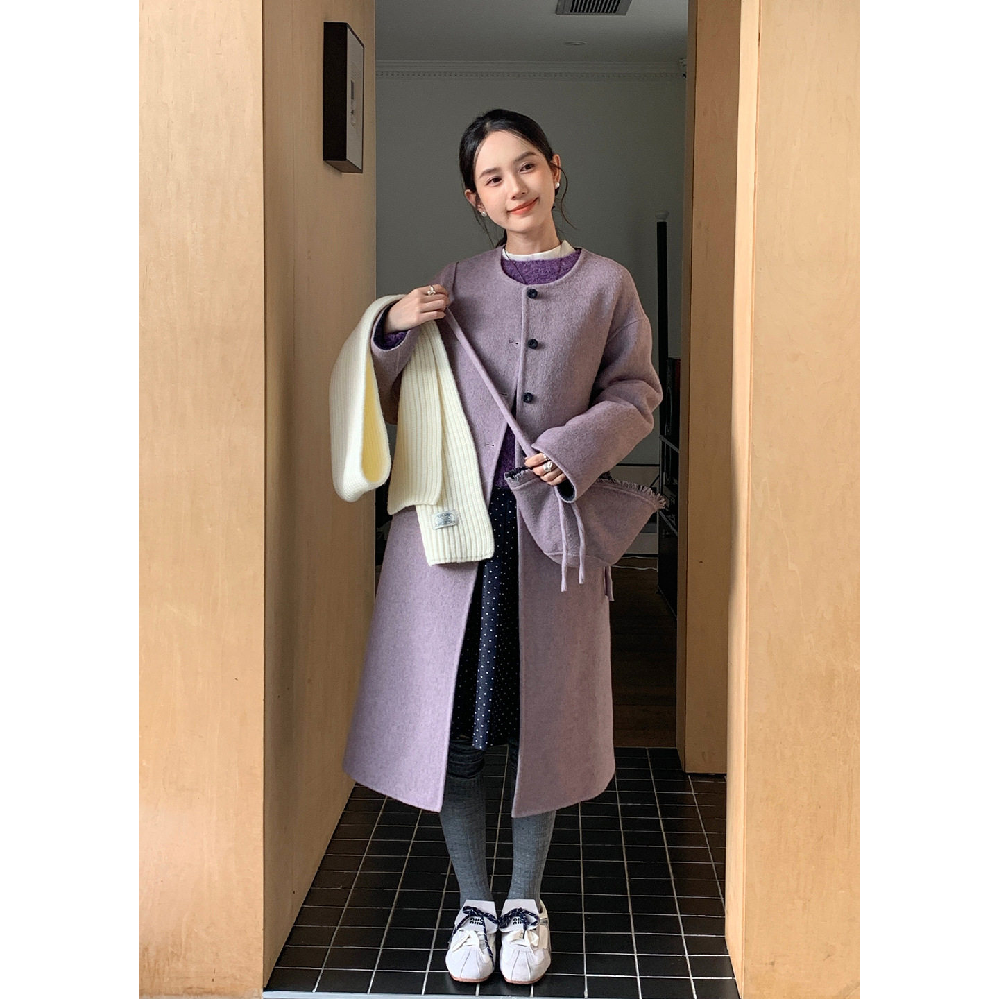 Tania S家秋冬新款韩版质感羊毛双面呢外套长款毛呢大衣带帽子包