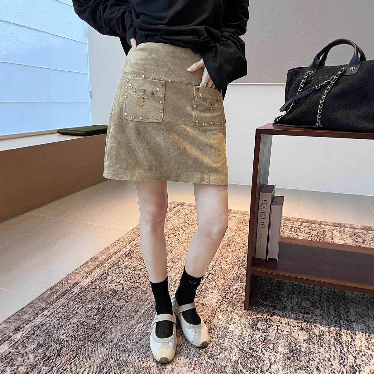 Tania S家25早秋新款日系时尚重工金属烫钻鹿皮绒百搭半身裙女