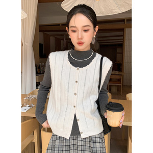 Tania S家秋冬新款韩版淑女花边爱心扣针织开衫无袖外套百搭马甲