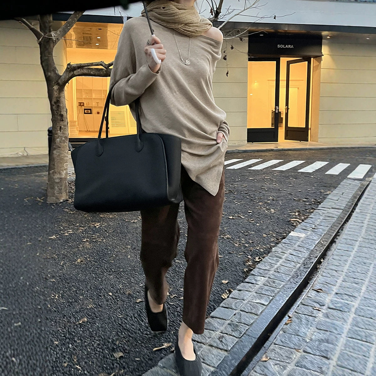 S家日系斜肩开叉羊毛显瘦毛衣女图片