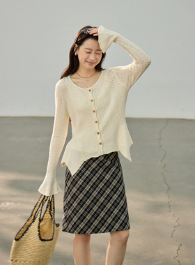 Tania S家慵懒风韩系圆领收腰针织衫女26春季新款喇叭袖开衫上衣