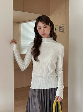 Tania S家秋冬新款韩版淑女木耳边半高领打底衫T恤百搭长袖内搭女