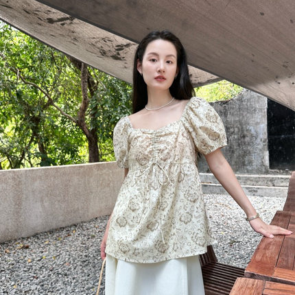 Tania S家25夏季新款韩版甜美碎花小衫系带泡泡袖短袖衬衫上衣女