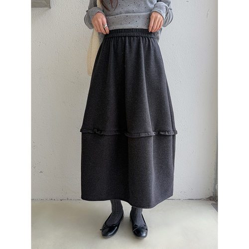 木耳边拼接呢子花苞裙高腰半身裙