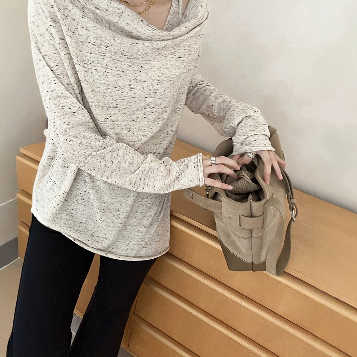 S家 日系26早秋新款松弛荡领慵懒风羊毛针织衫两件套百搭上衣女